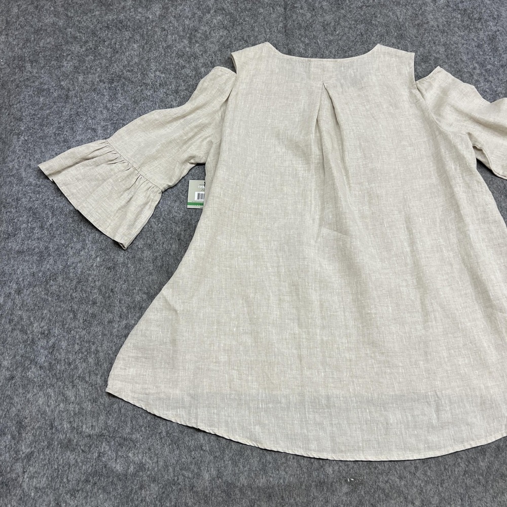 John Mark Blouse Womens L Beige Linen Cold Shoulder 3/4 Bell Sleeve Tunic Top - Picture 16 of 16